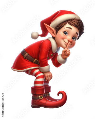 A young Christmas Elf sharing a secret isolated on a transparent background