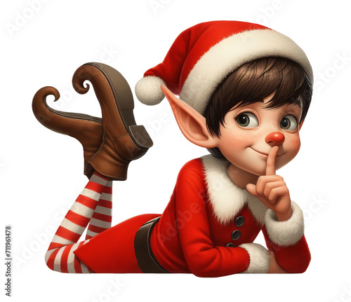 A young Christmas Elf laying on a flat surface isolated on a transparent background	