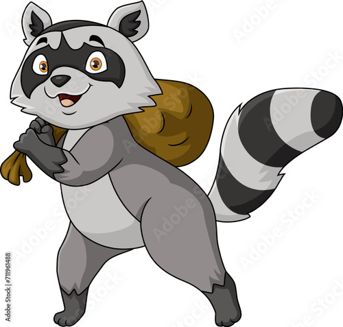 Cute thief raccoon cartoon with money bag