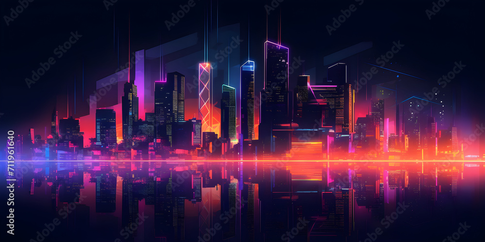 A nighttime urban landscape today. Illustration of a metropolitan skyline with skyscrapers and buildings illuminated with neon lights at the seashore