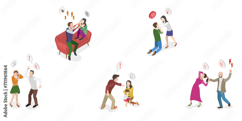 3D Isometric Flat  Conceptual Illustration of Domestic Violence, Social Issues, Abuse and Aggression