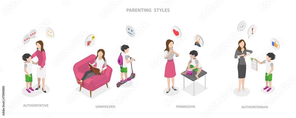 3D Isometric Flat  Conceptual Illustration of Parenting Styles, Parental Involvement in Child Wellbeing
