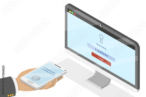 3D Isometric Flat  Conceptual Illustration of Two St Authentication, Verification by Smartphone