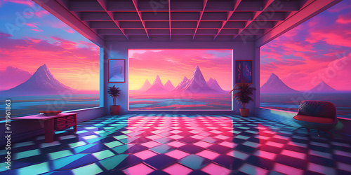 Beautiful artwork of a neon sky setting and a checkered tile floor with a summery purple, pink, and green mood