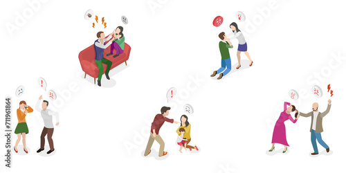 3D Isometric Flat  Conceptual Illustration of Domestic Violence, Social Issues, Abuse and Aggression