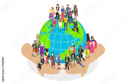 Foto 3D Isometric Flat  Conceptual Illustration of Global Social Human Community, Eve