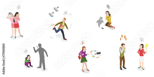 3D Isometric Flat Conceptual Illustration of Sychology or Psychiatric Poblem, Phobia or Fear