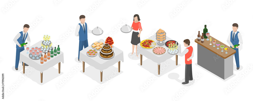 Fototapeta premium 3D Isometric Flat Set of Catering Services, Serving Foods on Outdoor Events