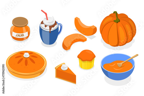 3D Isometric Flat  Set of Pampkin Products, Autumn Traditional Foods