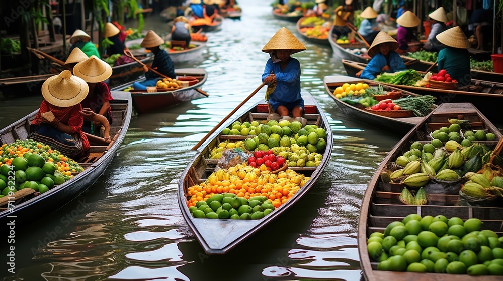 Naklejka premium Floating market in Thailand with boats full of colorful fruits and vegetables