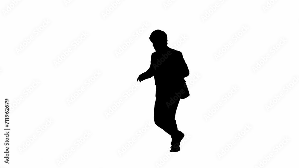 Portrait of male model in studio isolated on white background with alpha channel. Silhouette of businessman in suit jumping and dancing funny. Portrait of male model in studio isolated on white background with alpha channel. Silhouette of businessman in suit jumping and dancing funny.