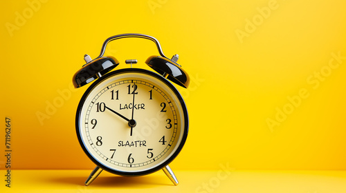 cute sticky post with handwriting the word later stick on alarm clock on solid yellow background