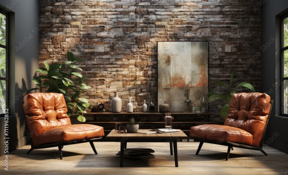 A cozy den with rustic charm featuring leather furniture, a brick wall, and a large window overlooking a stone courtyard - obrazy, fototapety, plakaty 