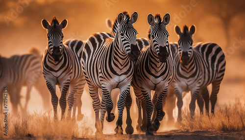 African savannah zebra herd grazing in the sunset golden light generated by AI photo