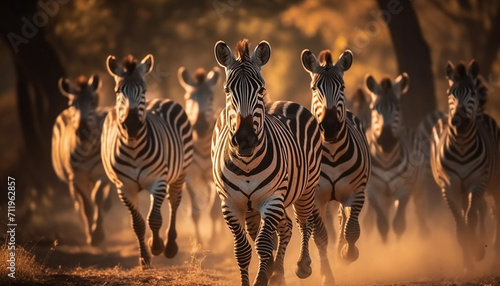 Zebra herd in African savannah  standing in a row  majestic generated by AI