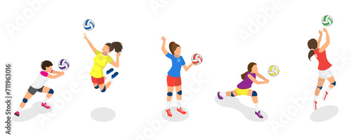 3D Isometric Flat Set of Volleyball Players, Team Sports Game