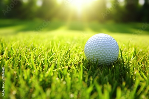 Golf ball on golf course at sunrise