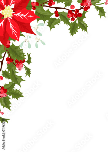 Christmas holly and poinsettia corners border decoration. Festive plant elements for holiday design. Seasonal frame with berries and leaves vector illustration.