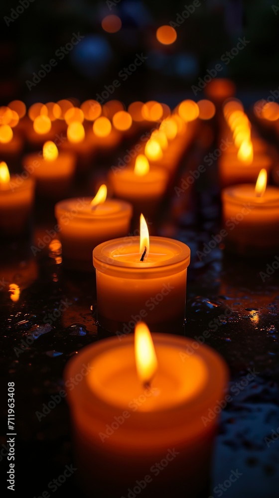 Several candles lit under a night vigil in a dark environment. Glow of candle flames in solemn and magical atmosphere. Concept of remembrance and hope. Several candles lit under a night vigil in a dark environment. Glow of candle flames in solemn and magical atmosphere. Concept of remembrance and hope.
