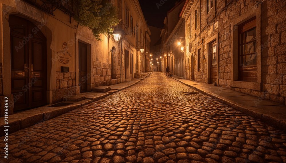 Ancient city streets illuminate history with old fashioned lanterns at dusk generated by AI