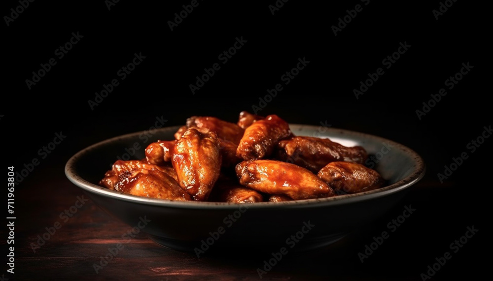 Grilled chicken wings on a plate, a delicious and unhealthy snack generated by AI