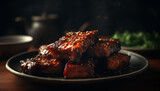 Grilled meat on rustic wood plate, a savory barbecue delight generated by AI