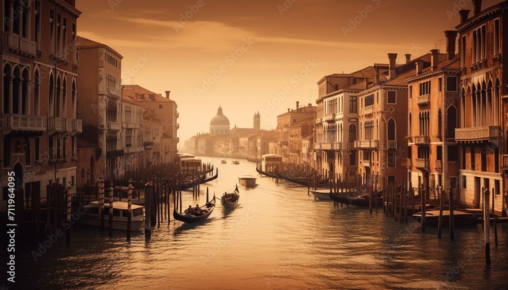 Sunset over the Venetian canal, a majestic cityscape illuminated at dusk generated by AI