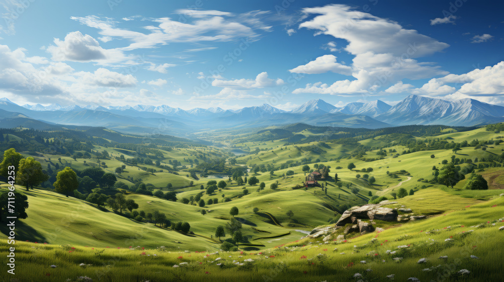 Captivating Scenic Splendor: Explore the Majestic Wilderness of Summer Mountains and Tranquil Countryside, generative AI