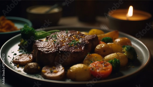 Grilled steak, cooked to perfection, served with fresh vegetables generated by AI