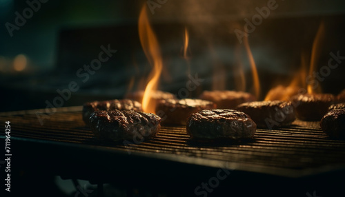 Grilled meat on a hot barbecue, flames dancing, smoke rising generated by AI