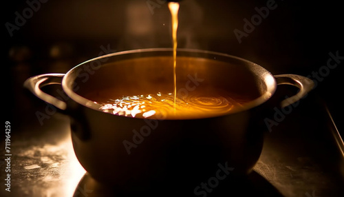 Hot coffee pouring into a mug, steam rising, dark background generated by AI