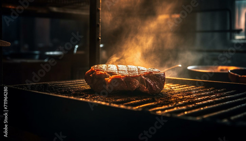 Grilled steak on a plate, cooked to perfection over fire generated by AI