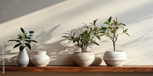 A peaceful indoor still life of white ceramic houseplants adorning a wall shelf  adding a touch of nature and tranquility to the space