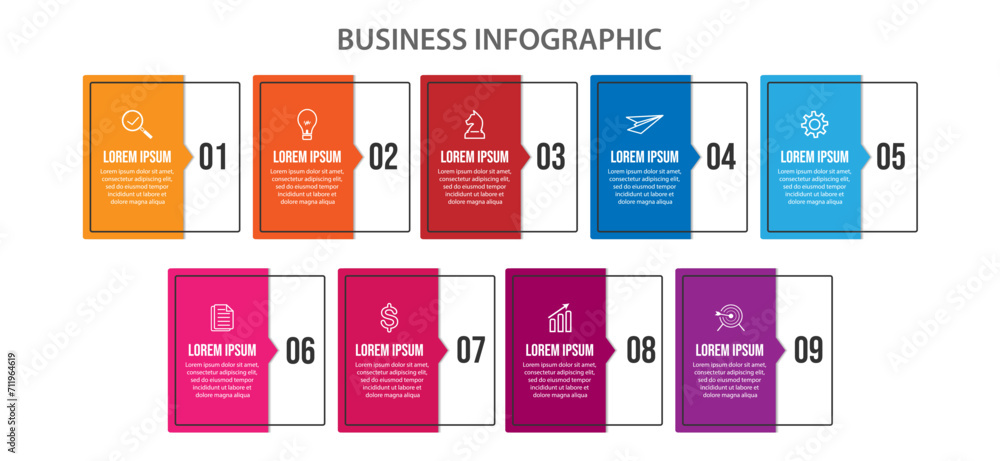 Vector Infographic simple design with 9 options or steps. thin line, Can be used for presentation banners, workflow layouts, flow charts, infographics, your business presentations Vector Infographic simple design with 9 options or steps. thin line, Can be used for presentation banners, workflow layouts, flow charts, infographics, your business presentations