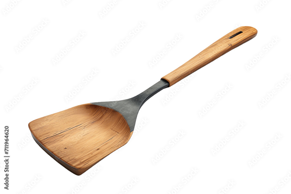 Isolated Wooden Kitchen Utensils on White Background: Spatula, Spoon, Fork, Knife, and Trowel with Metal Handles for Cooking and Gardening Isolated Wooden Kitchen Utensils on White Background: Spatula, Spoon, Fork, Knife, and Trowel with Metal Handles for Cooking and Gardening