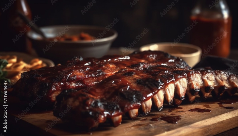 Grilled meat on rustic table, ready to eat with savory sauce generated by AI Grilled meat on rustic table, ready to eat with savory sauce generated by AI