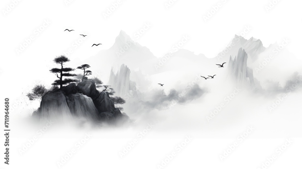 chinese ink painting of mountains with fog, ai chinese ink painting of mountains with fog, ai