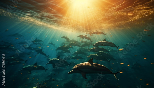 Underwater adventure fish, dolphin, turtle, scuba diving, snorkeling, sea life generated by AI © Jemastock