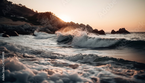 Sunset over the coastline, waves breaking on rocky cliffs, tranquil beauty generated by AI