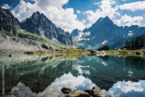 Mountains reflection on lake shore © Enrique