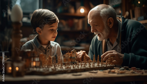 Senior men and boys bonding, playing chess, enjoying retirement together generated by AI