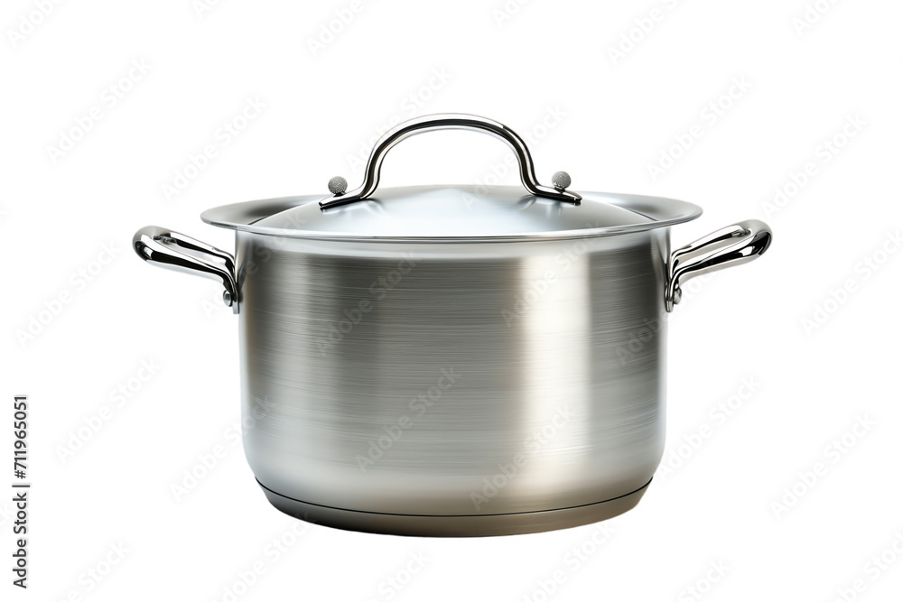 Shiny Stainless Steel Pan and Pot with Lid, Isolated Kitchen Cookware Utensil for Cooking Soup and Casseroles Shiny Stainless Steel Pan and Pot with Lid, Isolated Kitchen Cookware Utensil for Cooking Soup and Casseroles