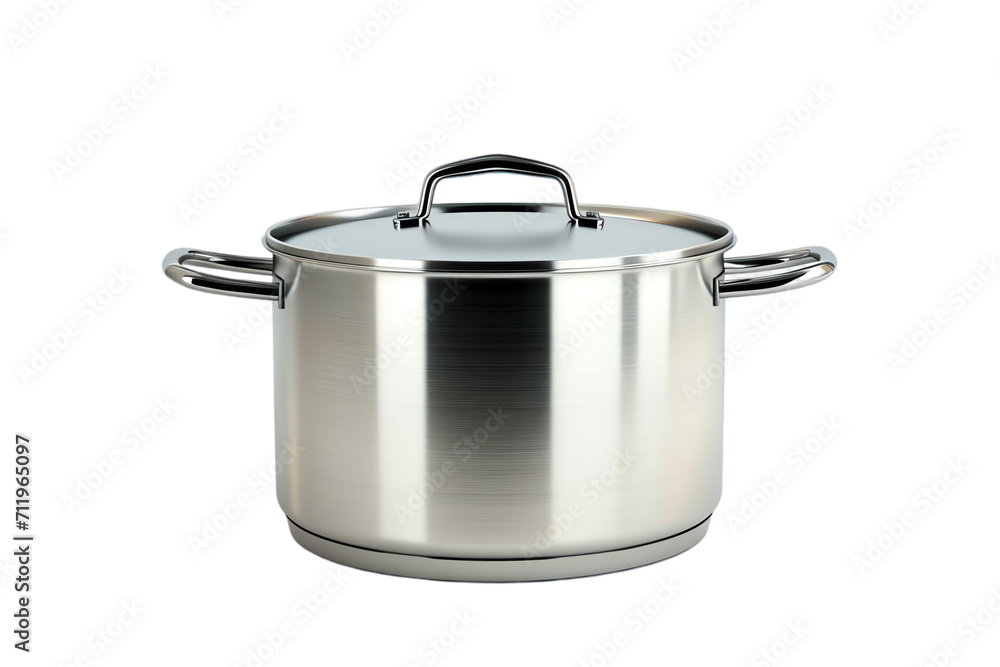 Stainless Steel Pan and Pot with Lid, Isolated Kitchen Cookware Utensil in Shiny White Setting Stainless Steel Pan and Pot with Lid, Isolated Kitchen Cookware Utensil in Shiny White Setting