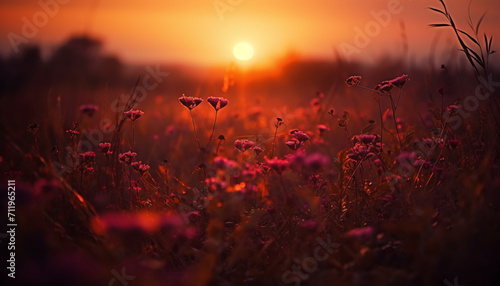 Beautiful sunset over a meadow, nature vibrant colors in bloom generated by AI