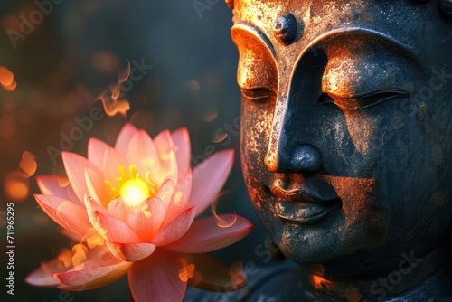 close view of Buddha face with big glowing lotus, nature background