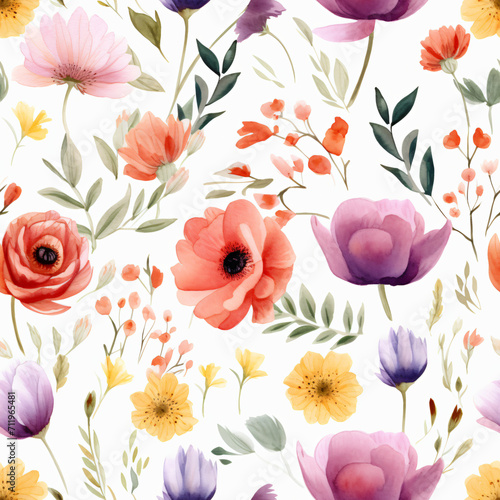 Seamless pattern of Asian flowers, watercolor, Wrapping paper pattern