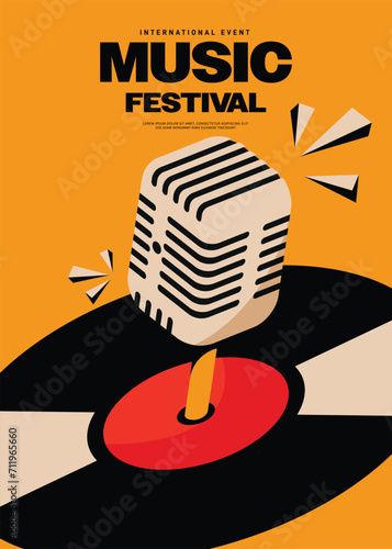 Music festival poster template design background with vinyl record vintage retro style