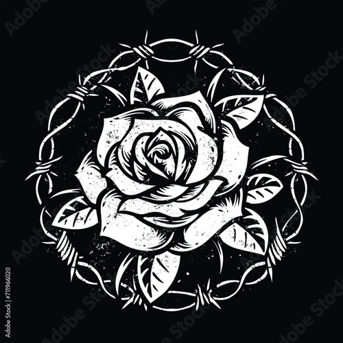 black and white rose inside barb wire