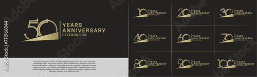 set of anniversary logotype gold color with golden ribbon for special celebration event