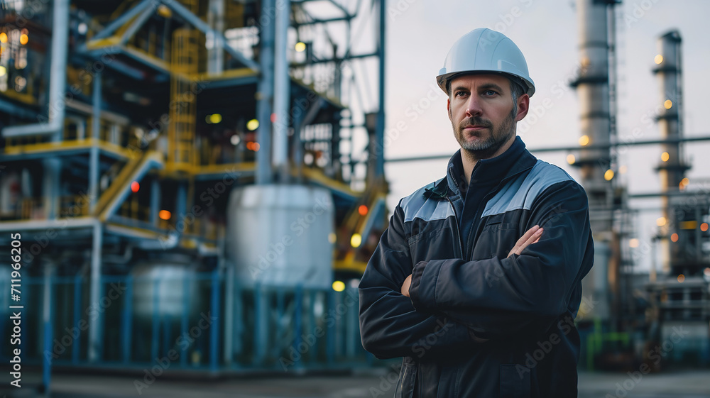 Confident engineer with arms crossed in industrial setting Confident engineer with arms crossed in industrial setting